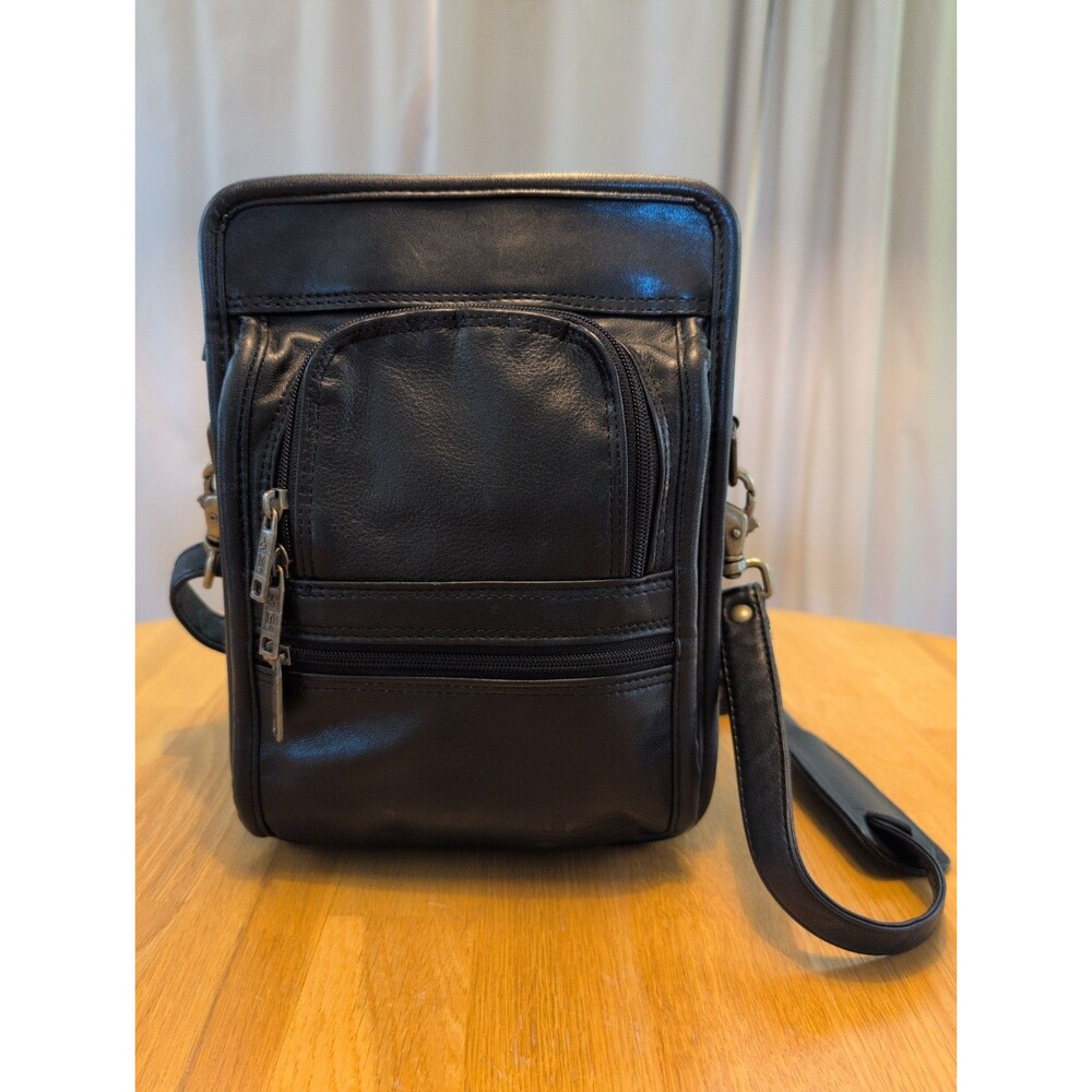 Vtg Carlo Amboldi Leather Black Messenger Shoulder Bag Travel Leather & Brass!